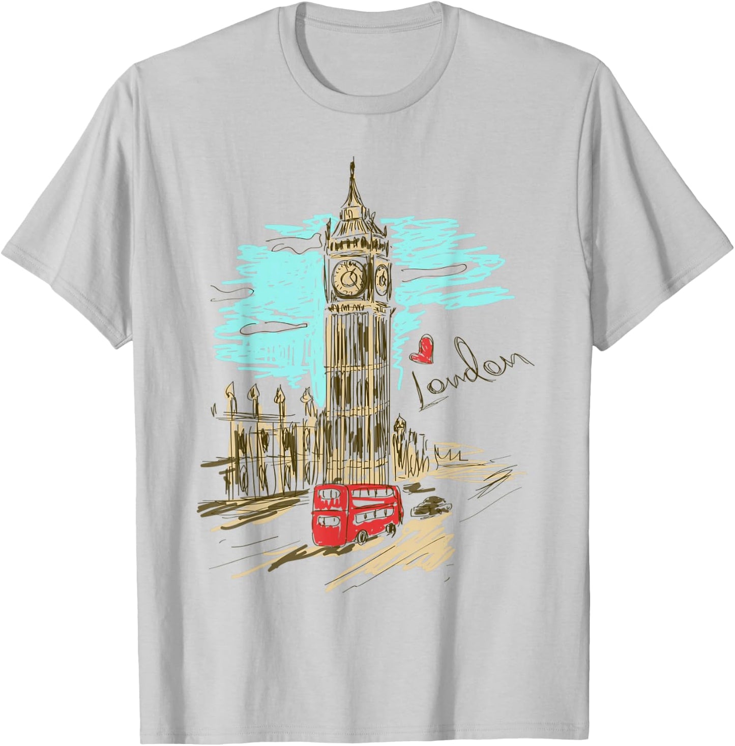Big Ben Love London Hand Drawn Artwork Graphic T-Shirt - T-Shirt | Ash