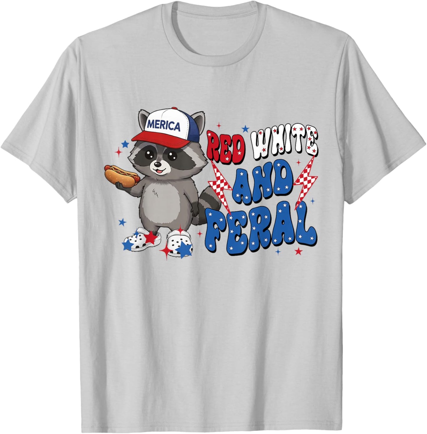 Red White and Feral Raccoon America 4th of July Patriotic T-Shirt - T-Shirt | Ash