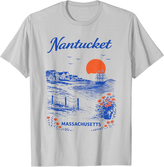 Nantucket Vintage Travel Scenic Illustration T-Shirt - T-Shirt | Ash