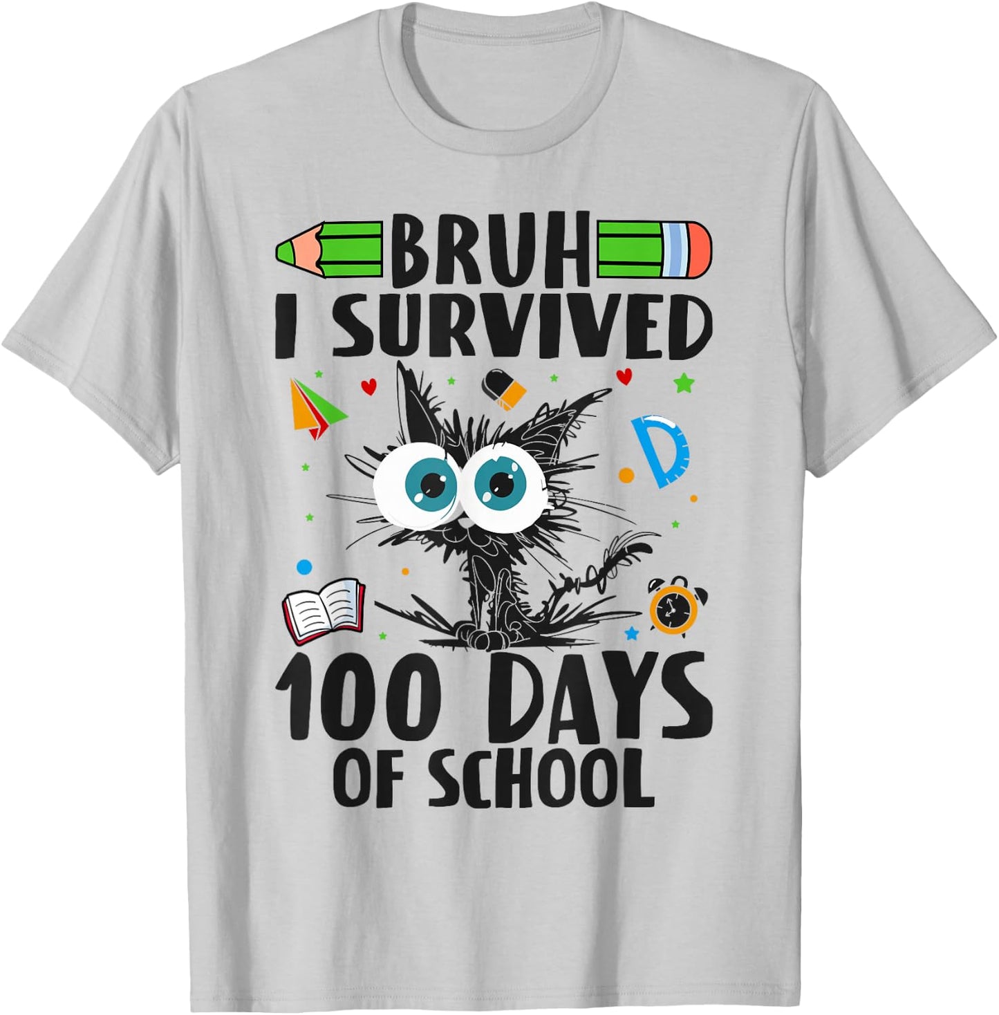 Bruh 100 Days of School Boys Kids Cat 100th Day of School T-Shirt - T-Shirt | Ash