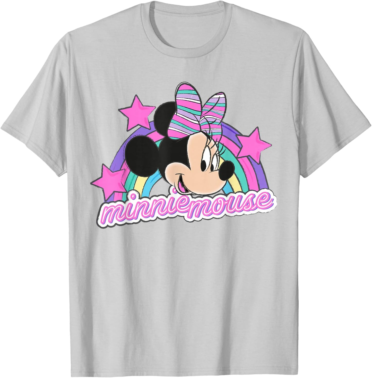 Minnie Mouse - Face with Rainbow and Stars T-Shirt - T-Shirt | Ash