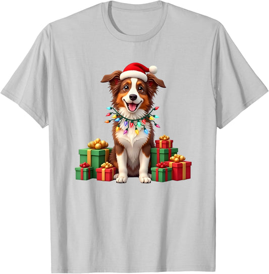 Christmas red and white Border Collie, Santa Hat T-Shirt - T-Shirt | Ash