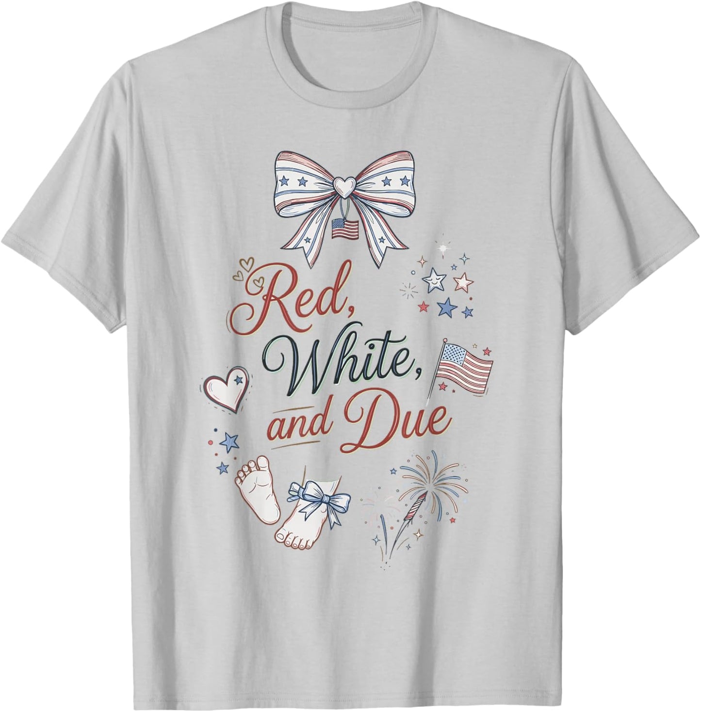 Red White and Due 4th of July Pregnancy Announcement Baby T-Shirt - T-Shirt | Ash