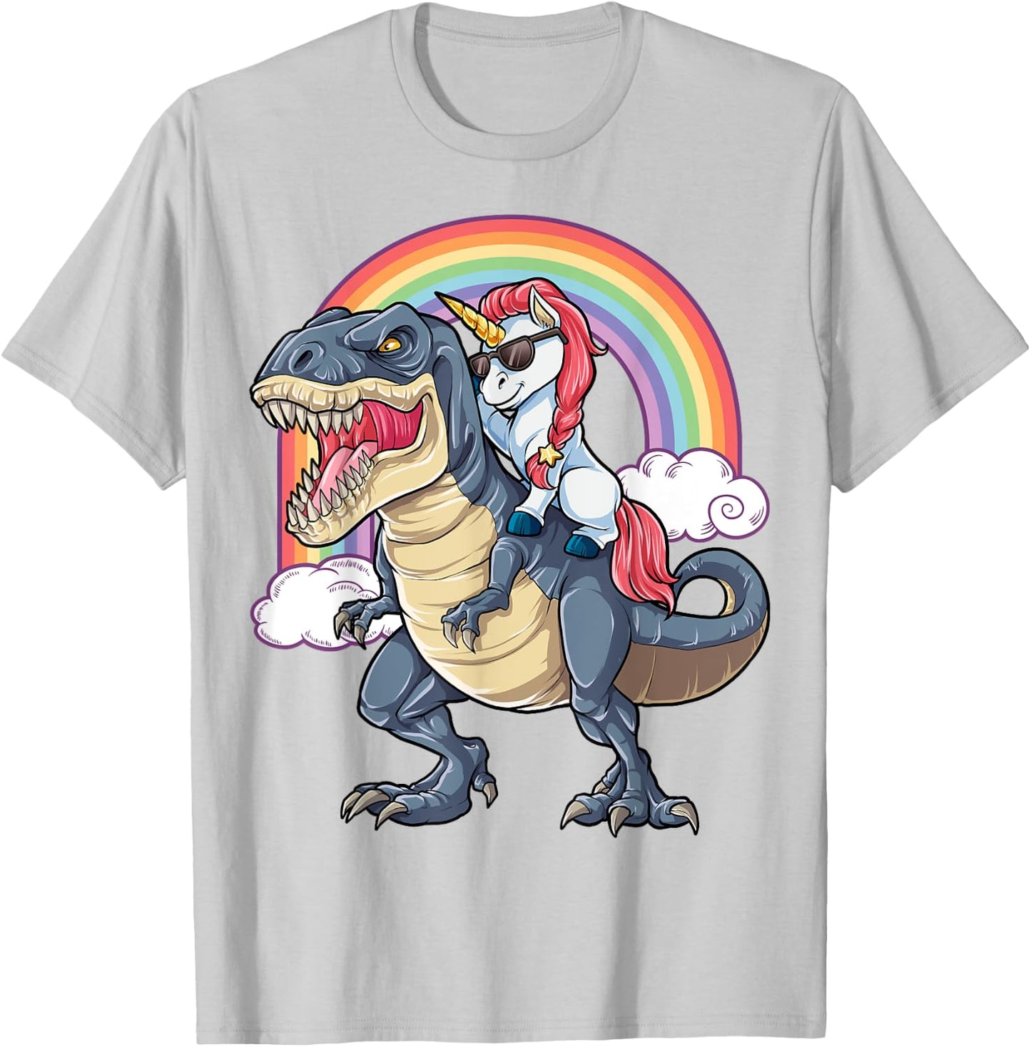 Unicorn Riding T rex Shirt Dinosaur Boys Girls Kids Gift Men T-Shirt - T-Shirt | Ash