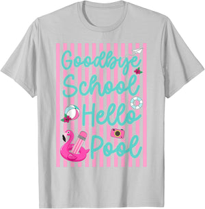 Stripes Goodbye School Hello Pool Summer Break Teacher T-Shirt - T-Shirt | Ash