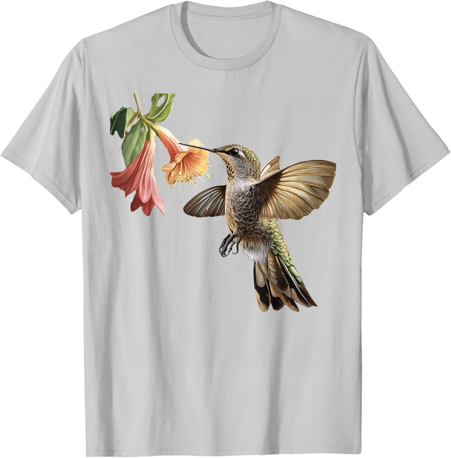 Realistic Hummingbird and Flower Nature Art T-Shirt - T-Shirt | Ash