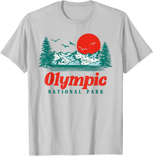 Retro Olympic National Park Mountain Trees & Sun Graphic Small T-Shirt - T-Shirt | Ash
