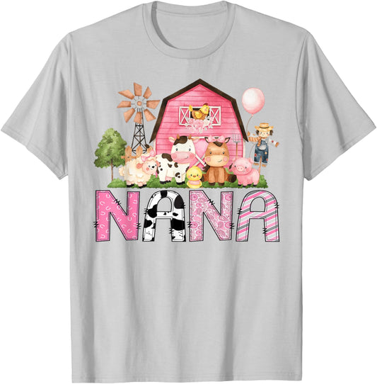Nana Pink Farm Cow Lover Birthday Girl Matching T-Shirt - T-Shirt | Ash