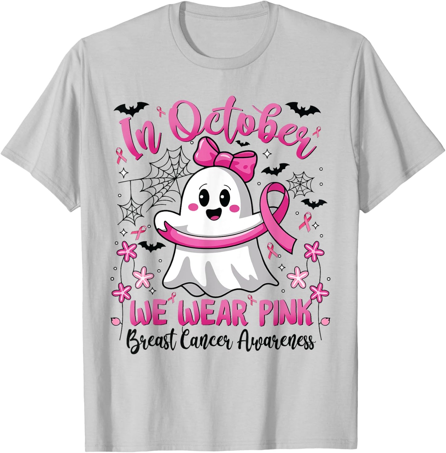 In October We Wear Pink Ghost Witch Breast Cancer Awareness T-Shirt - T-Shirt | Ash
