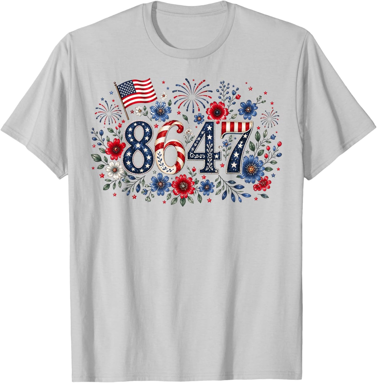 8647 Floral Resist 86 47 Patriotic 4th of July USA Flag T-Shirt - T-Shirt | Ash