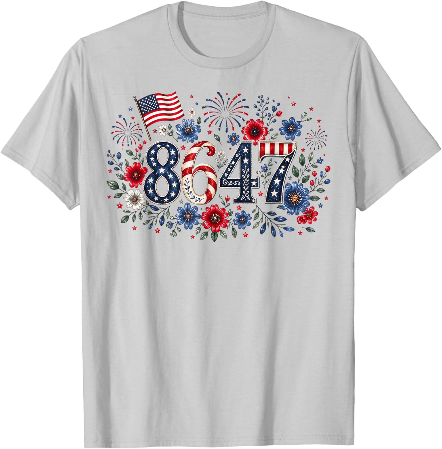 8647 Floral Resist 86 47 Patriotic 4th of July USA Flag T-Shirt - T-Shirt | Ash