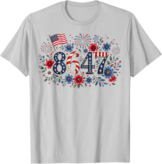 8647 Floral Resist 86 47 Patriotic 4th of July USA Flag T-Shirt - T-Shirt | Ash