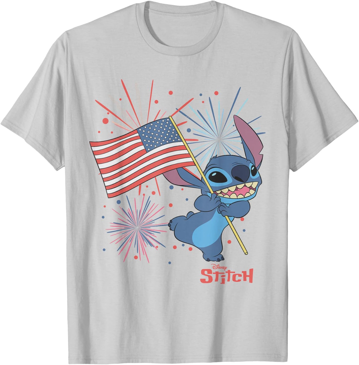 Disney Lilo & Stitch 4th of July Stitch USA Flag & Fireworks T-Shirt - T-Shirt | Ash