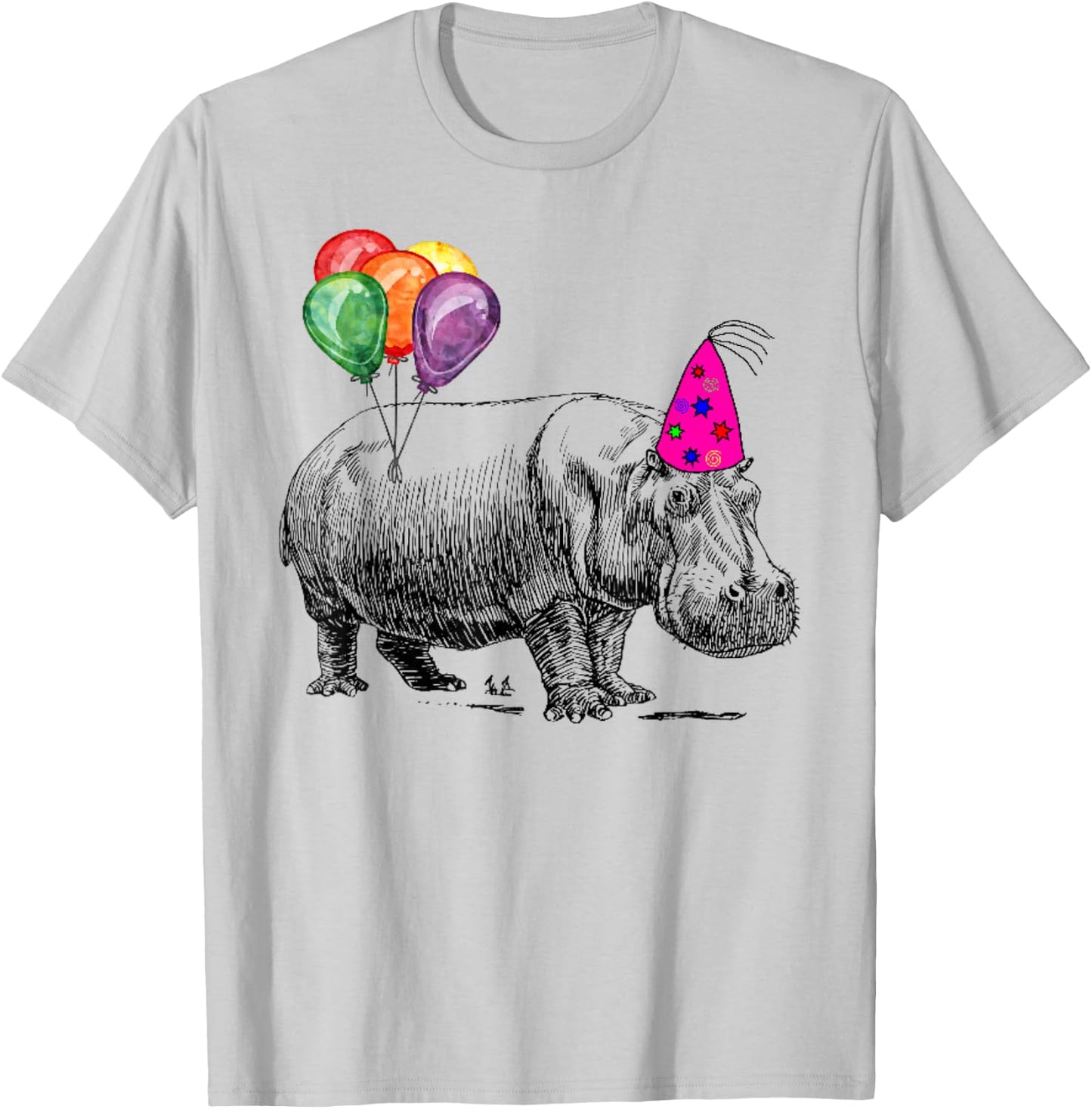 Hippo Wearing A Birthday Hat With Party Balloons Par T Shirt T-Shirt - T-Shirt | Ash