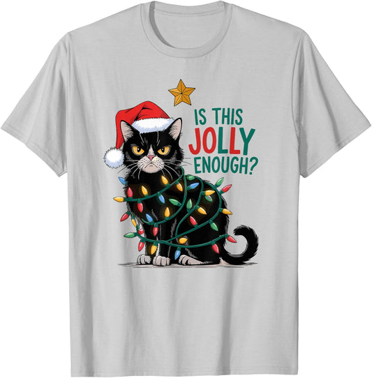 Is This Jolly Enough? Cat Merry Christmas Tree Lights funny Women T-Shirt - T-Shirt | Ash