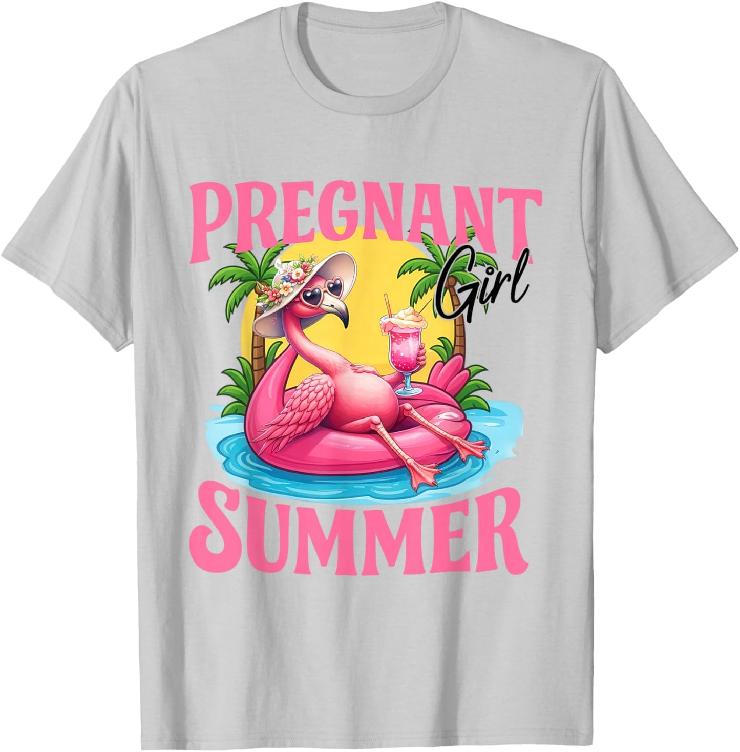 Pregnant Girl Summer Flamingo Baby Shower Expecting Mom T-Shirt - T-Shirt | Ash