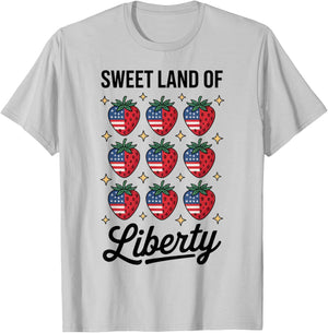 Sweet Land of Liberty 4th Of July Cute Strawberry USA Flag T-Shirt - T-Shirt | Ash