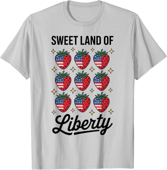 Sweet Land of Liberty 4th Of July Cute Strawberry USA Flag T-Shirt - T-Shirt | Ash