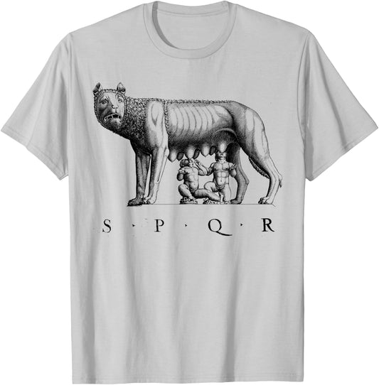 SPQR Roman Rome Wolf Romulus Remus T-Shirt - T-Shirt | Ash