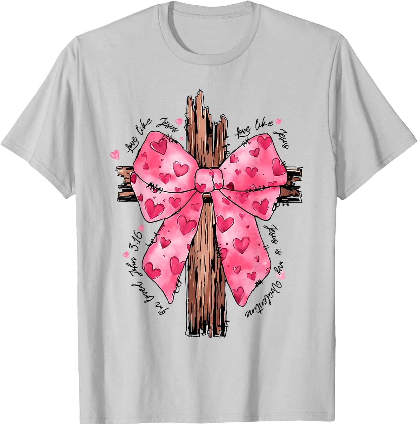 Love Like Jesus Religious God Christian Cross Coquette Bow T-Shirt - T-Shirt | Ash