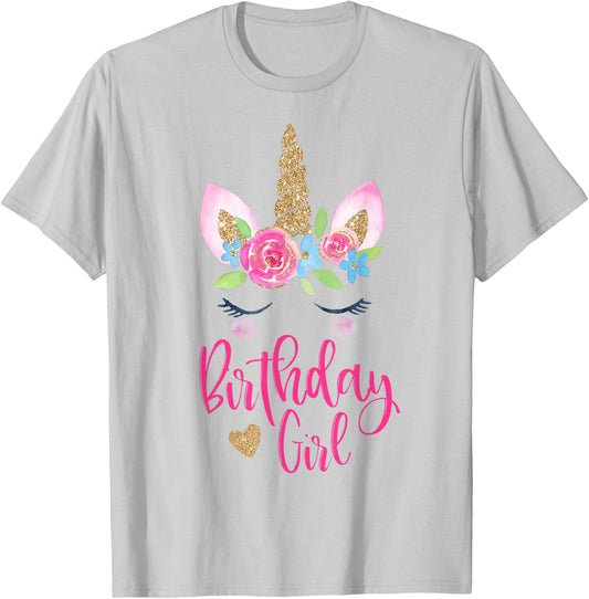 Unicorn Birthday Girl Shirt Pink Cute Theme Party T-Shirt - T-Shirt | Ash