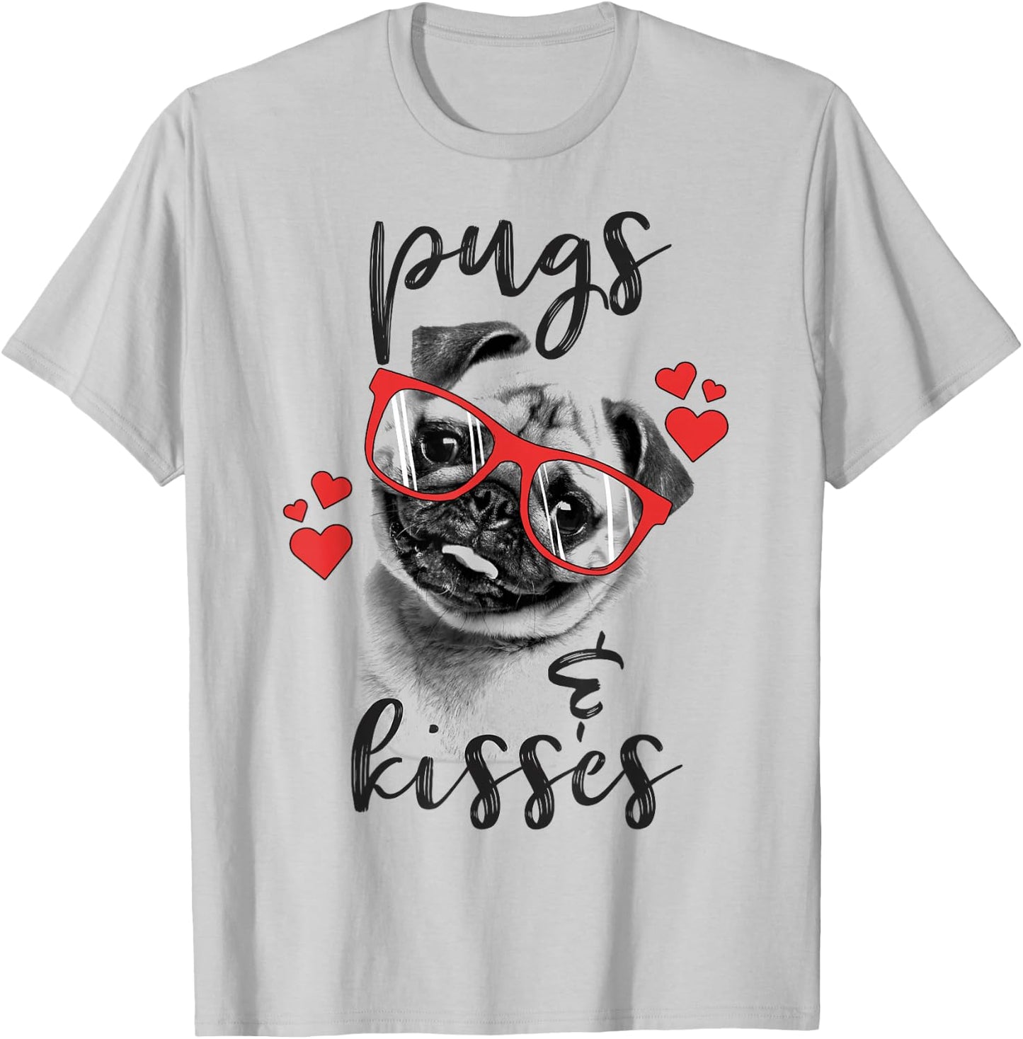 Valentine's Day Pugs And Kisses Red Hearts Valentine's T-Shirt - T-Shirt | Ash