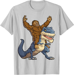 Bigfoot Riding Dinosaur T Rex Funny Men Boys Sasquatch Lover T-Shirt - T-Shirt | Ash