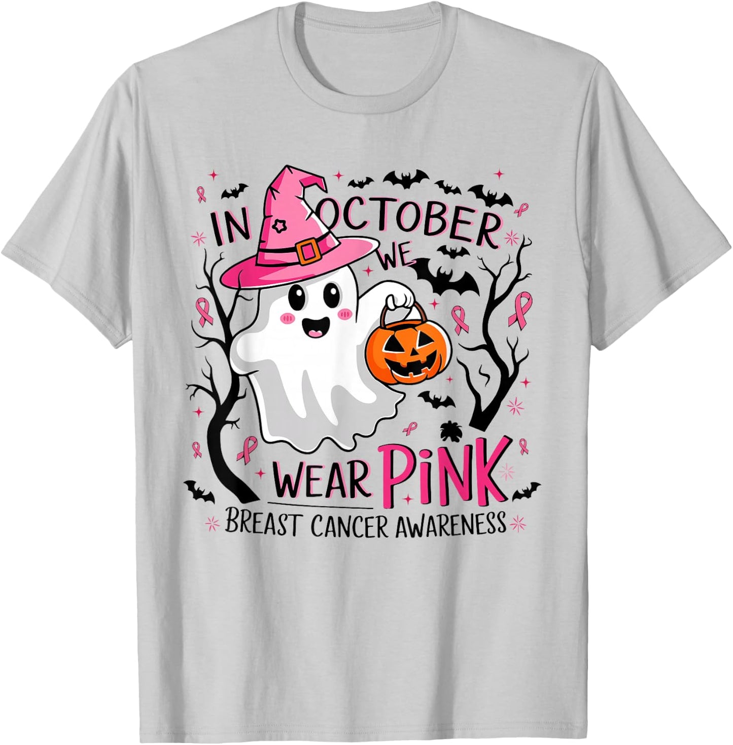 In October We Wear Pink Ghost Witch Breast Cancer Awareness T-Shirt - T-Shirt | Ash