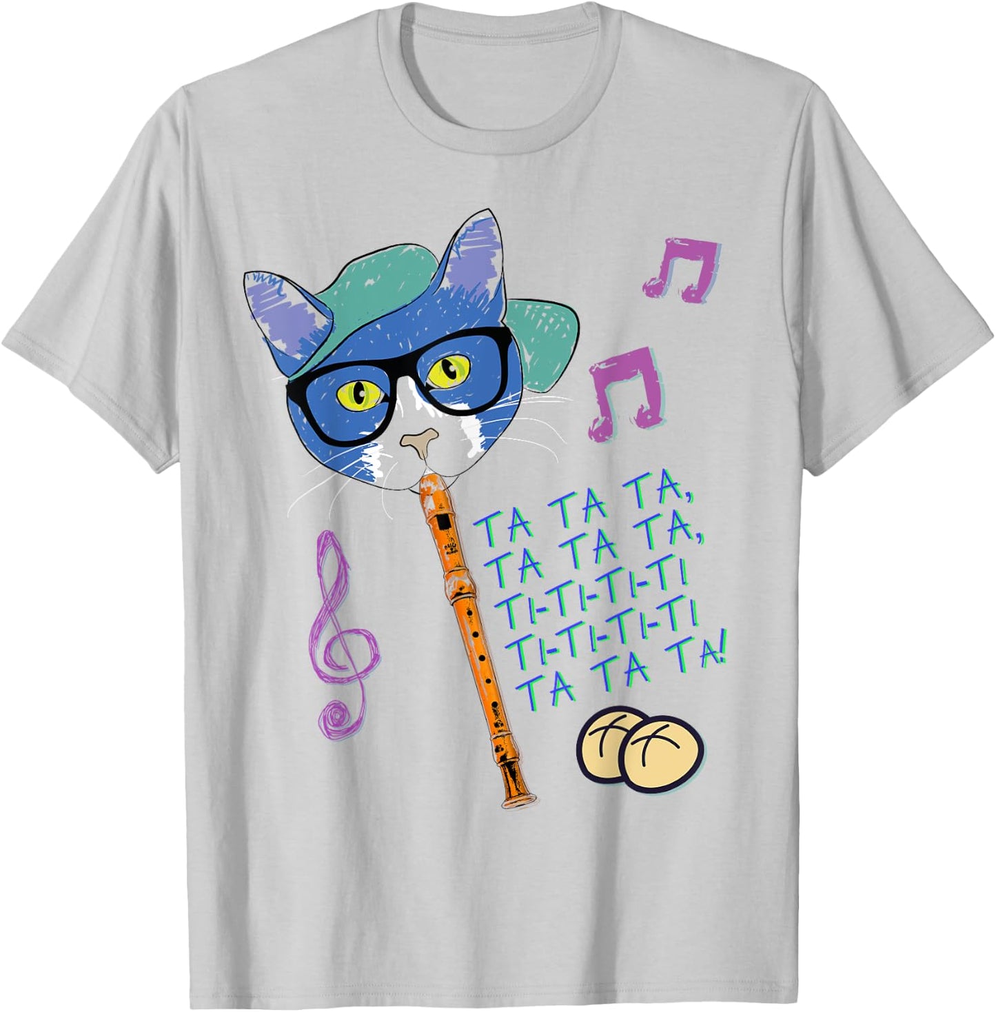 Cool Cat Playing Hot Cross Buns on Recorder Funny Elementary T-Shirt - T-Shirt | Ash