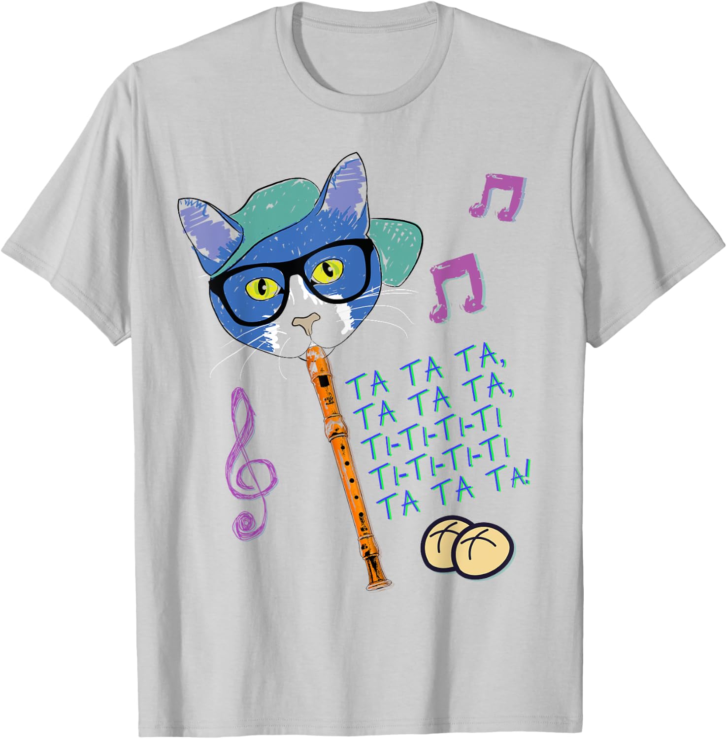 Cool Cat Playing Hot Cross Buns on Recorder Funny Elementary T-Shirt - T-Shirt | Ash