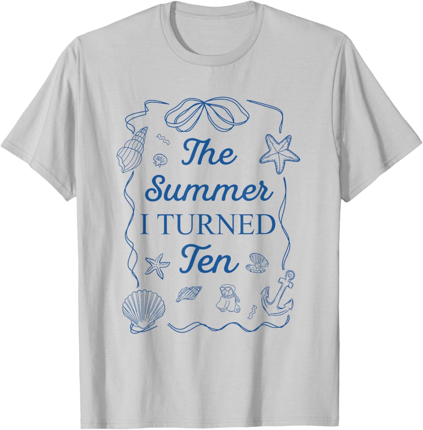 Summer I Turned Ten 10th Birthday Seashell Coastal Bow T-Shirt - T-Shirt | Ash