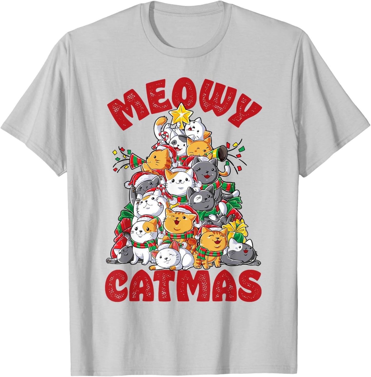 Meowy Catmas Cat Christmas Tree Xmas Girls Boys Funny Santa T-Shirt - T-Shirt | Ash