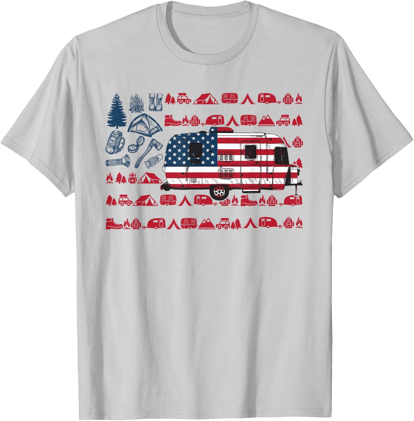 Tent Camper Van American Flag Camping 4th Of July Shirt Gift T-Shirt - T-Shirt | Ash