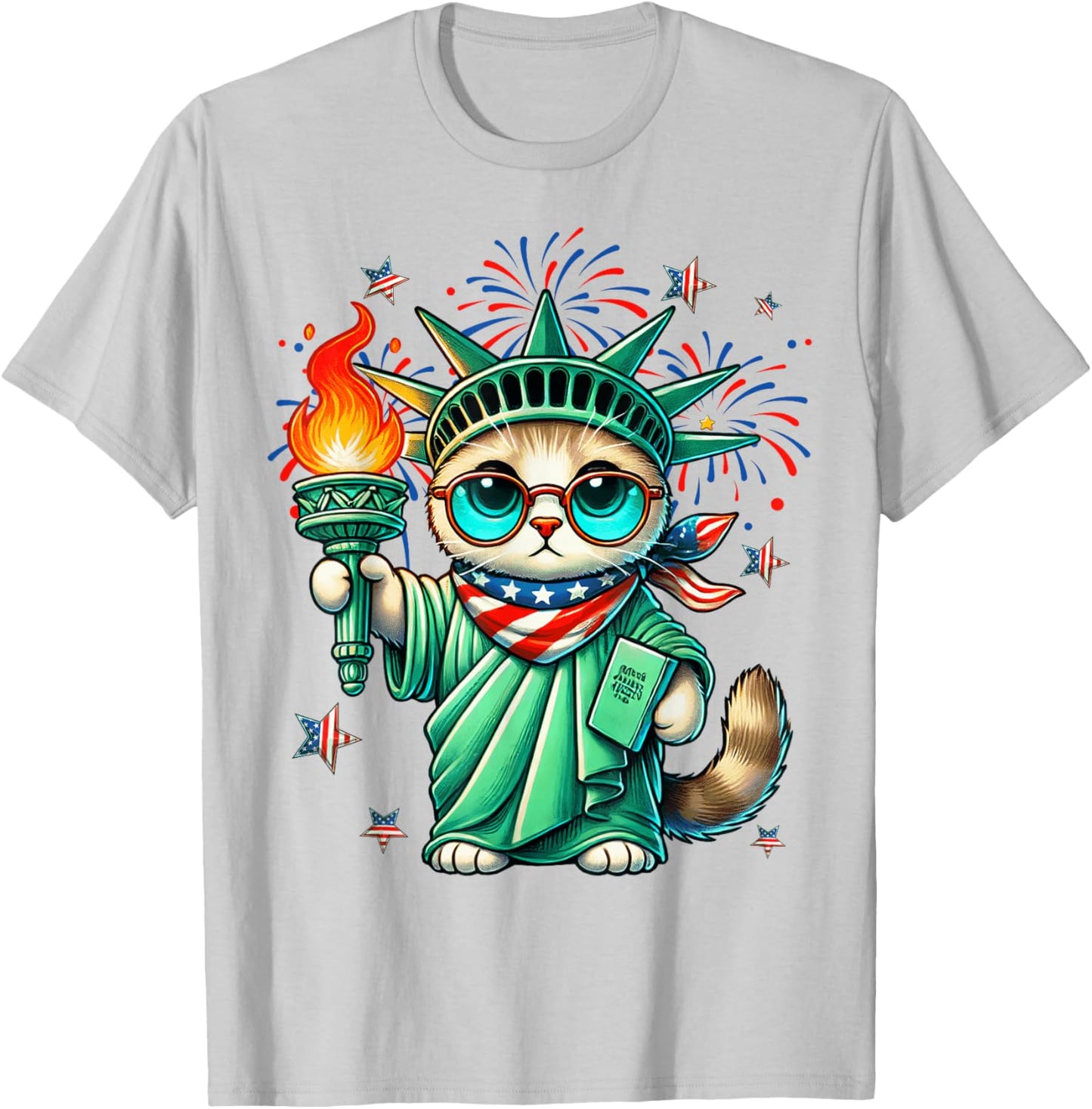 Funny Statue Of Liberty Cat USA Flag Independence Day July 4 T-Shirt - T-Shirt | Ash