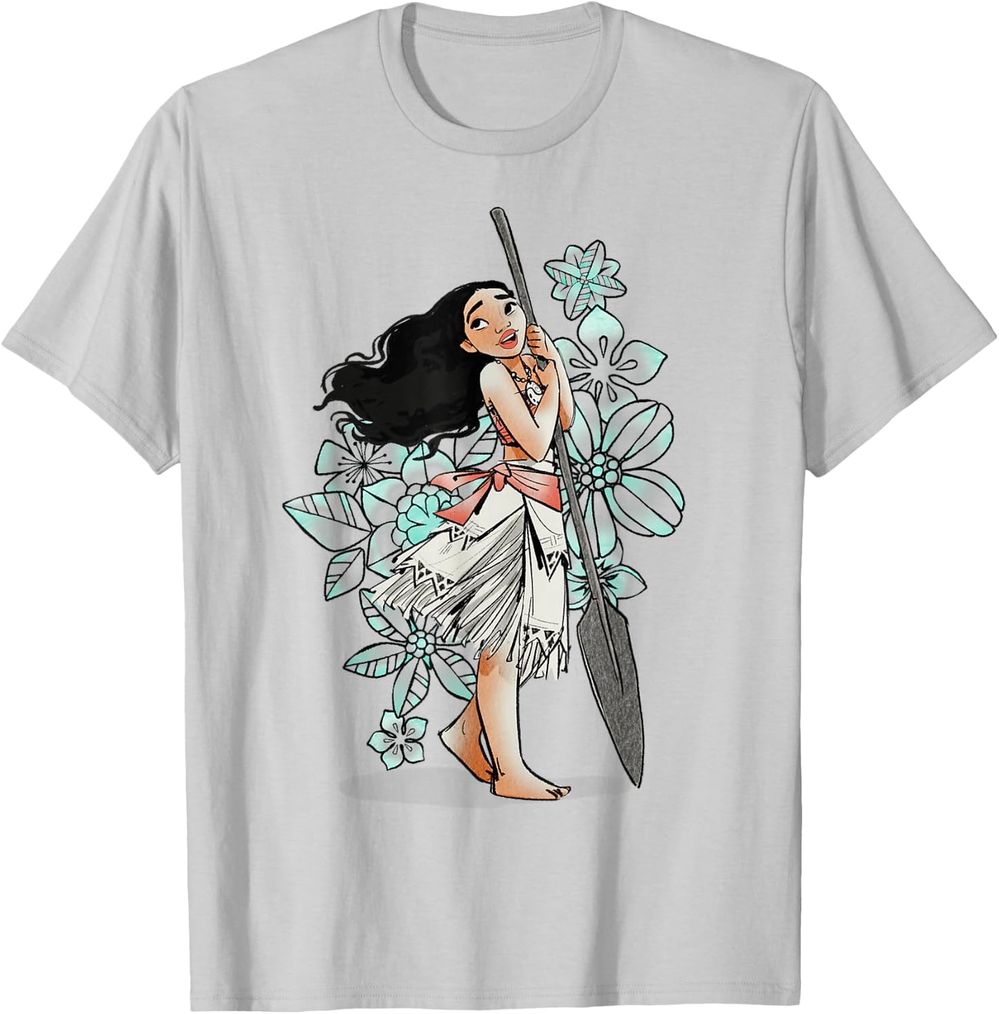 Disney Moana Tropical Floral Line Art Voyager Portrait T-Shirt - T-Shirt | Ash