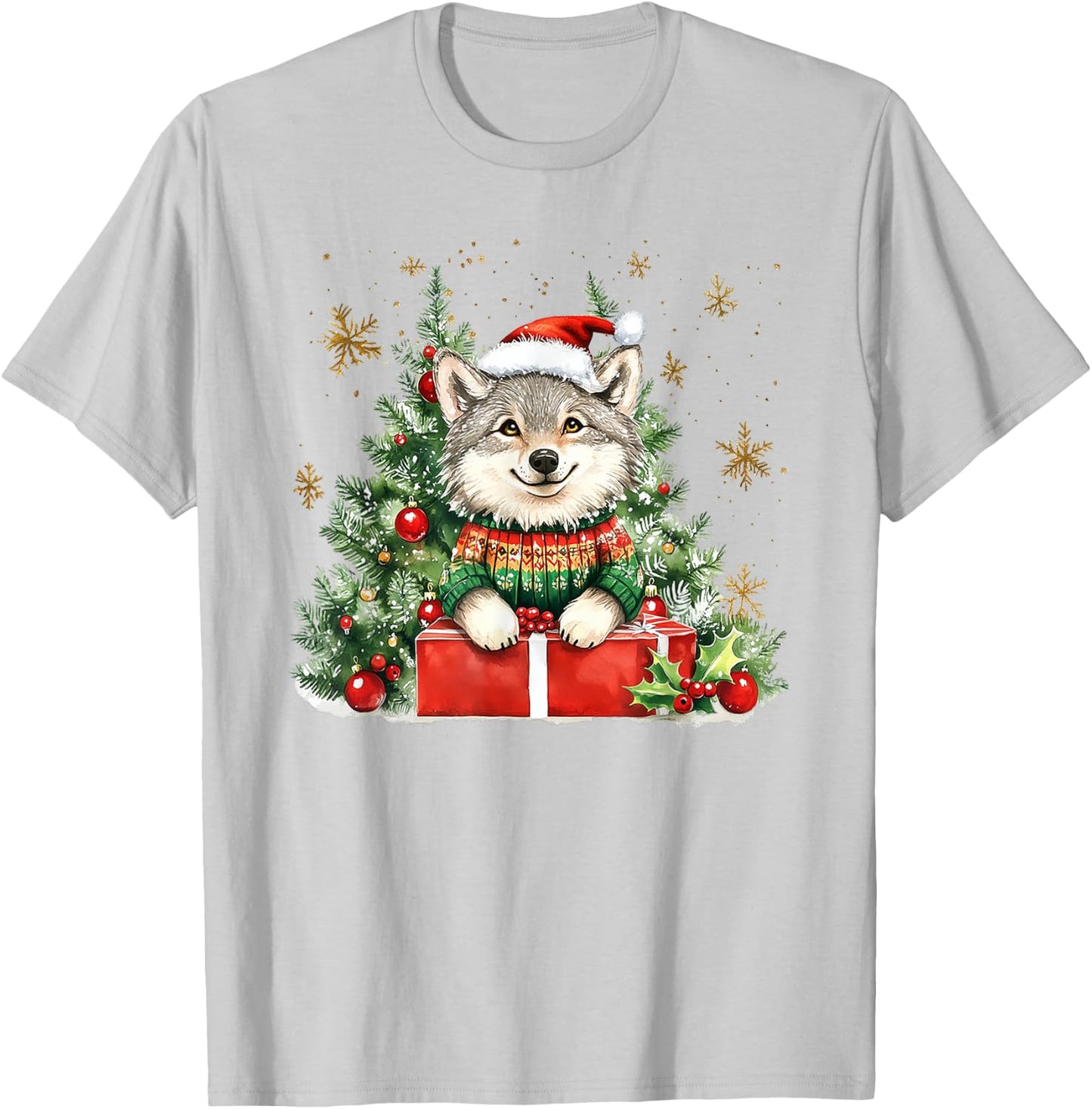 A Wolf In A Sweater & Hat With Christmas Decorations T-Shirt - T-Shirt | Ash