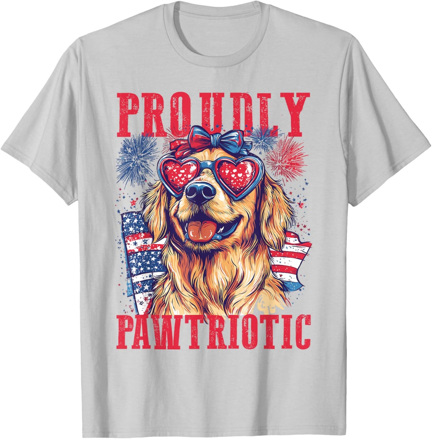 Proudly Pawtriotic Golden Retriever 4th of July Fireworks T-Shirt - T-Shirt | Ash