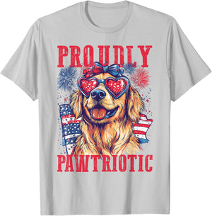 Proudly Pawtriotic Golden Retriever 4th of July Fireworks T-Shirt - T-Shirt | Ash