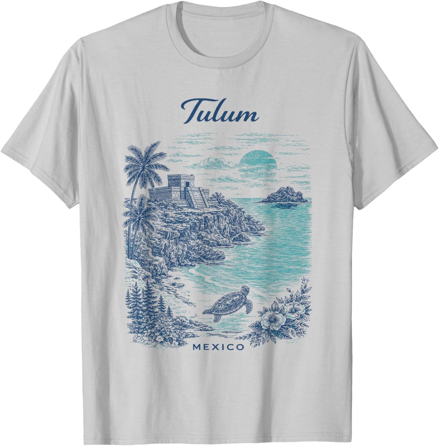Tulum Mexico Vintage Travel Scenic Illustration T-Shirt - T-Shirt | Ash