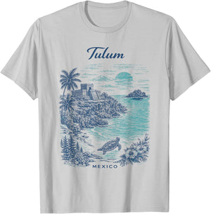 Tulum Mexico Vintage Travel Scenic Illustration T-Shirt - T-Shirt | Ash