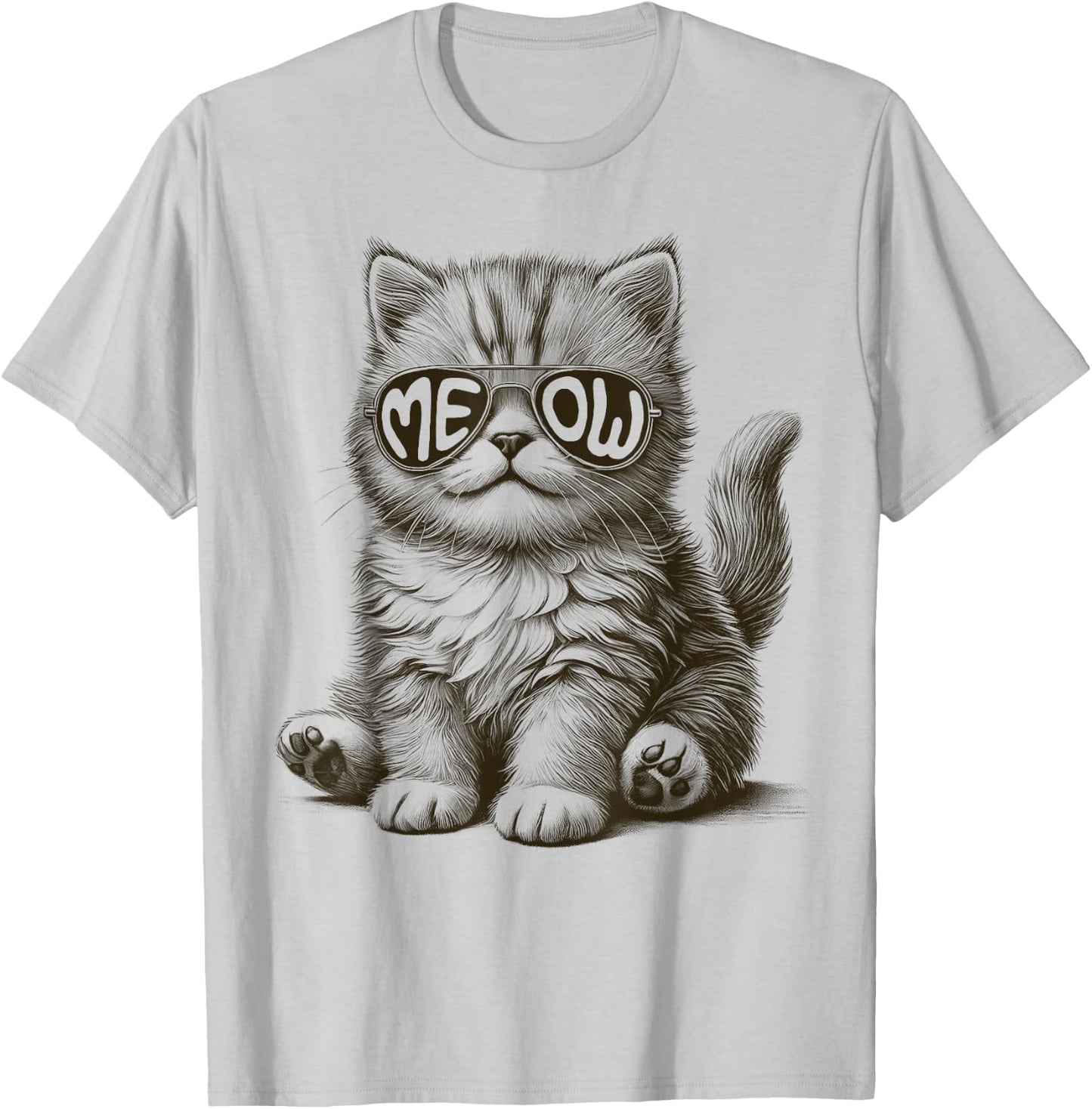 Funny Cat With Meow Sunglasses Cute Graphic T-Shirt - T-Shirt | Ash