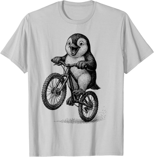 Vintage Kawaii Cute Penguin Riding Bicycle Cycling Cyclist T-Shirt - T-Shirt | Ash