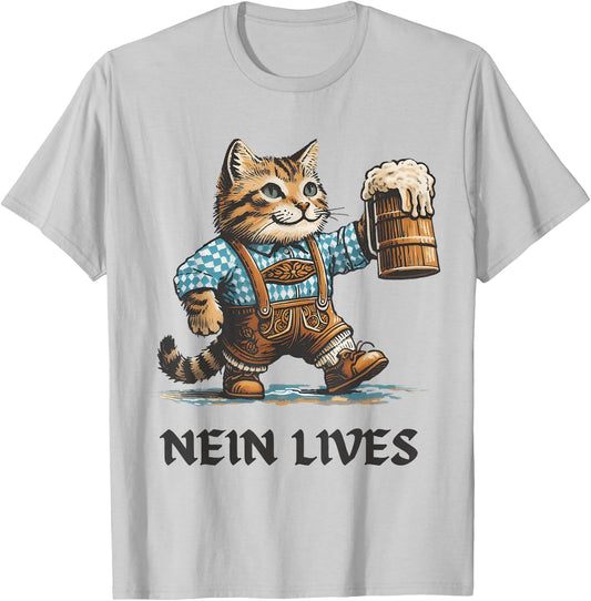 Nein Lives Oktoberfest Cat in Lederhosen Holding Beer Stein Men Women T-Shirt - T-Shirt | Ash