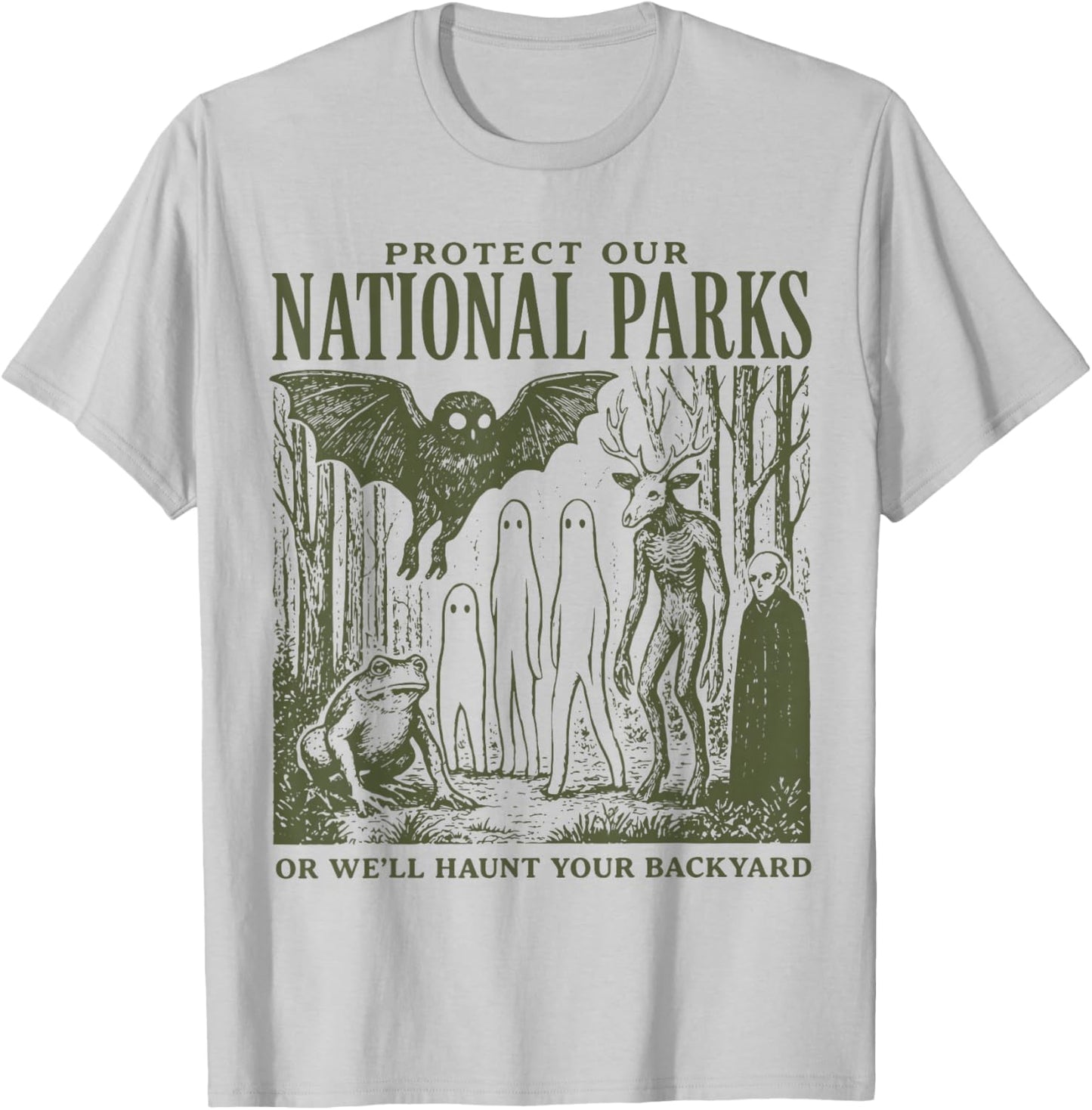 Retro Folk Horror National Park Spooky Ghost Graphic T-Shirt - T-Shirt | Ash