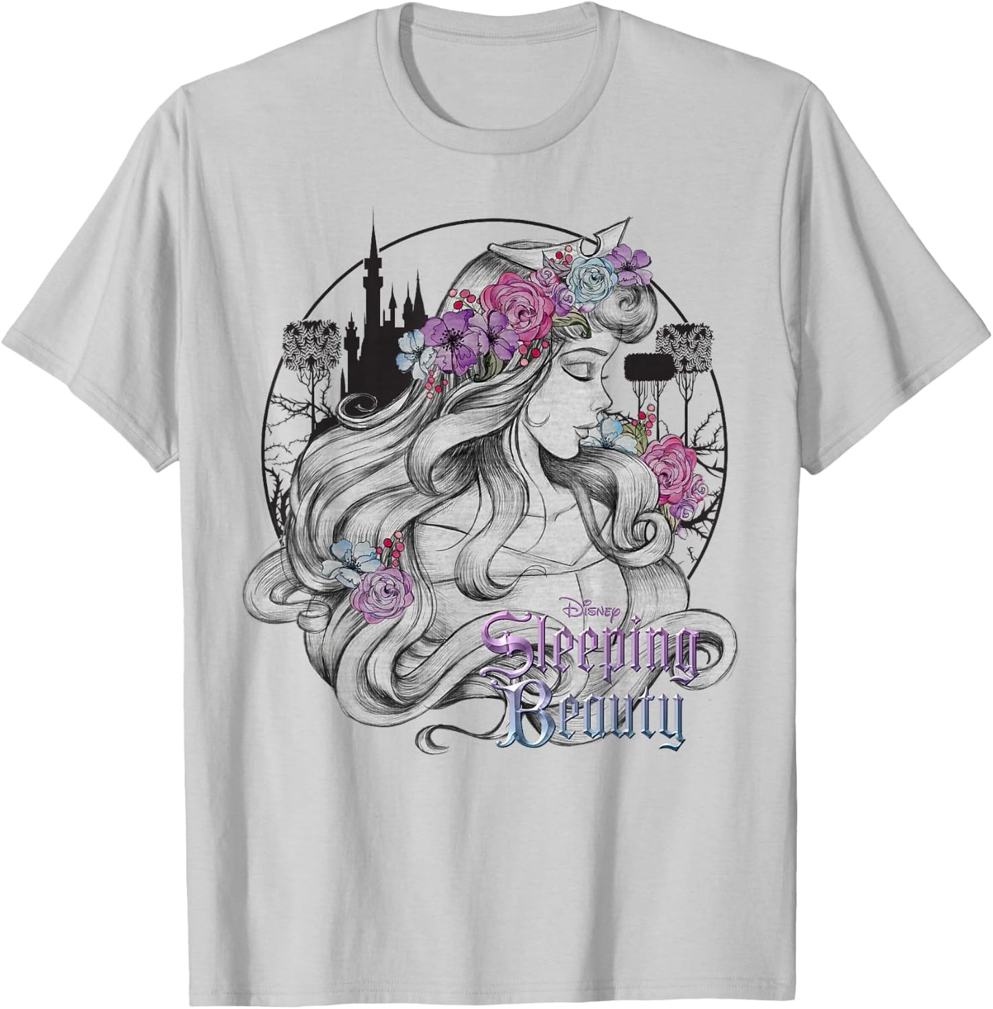 Disney Sleeping Beauty Floral Sketched Portrait T-Shirt - T-Shirt | Ash