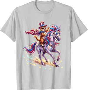 Cat Riding Unicorn USA Flag Patriotic 4th of July T-Shirt - T-Shirt | Ash