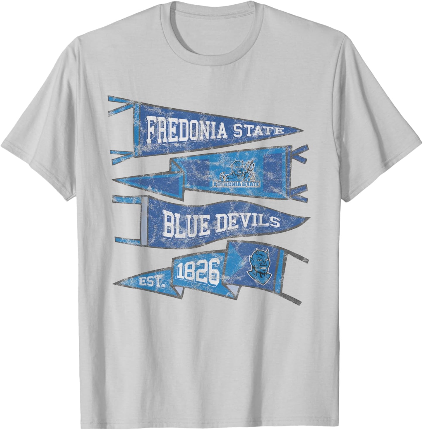 Fredonia State University Blue Devils Distressed Pennants T-Shirt - T-Shirt | Ash
