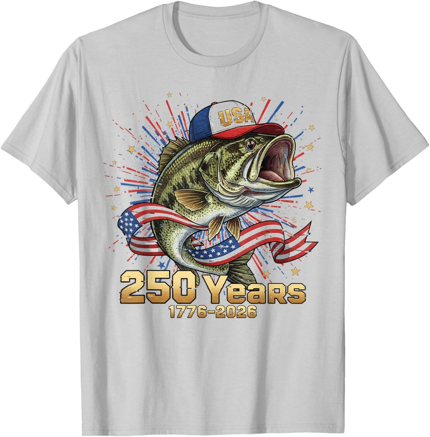 250 America 1776 2026 Bass Fishing USA Flag 250th Birthday T-Shirt - T-Shirt | Ash
