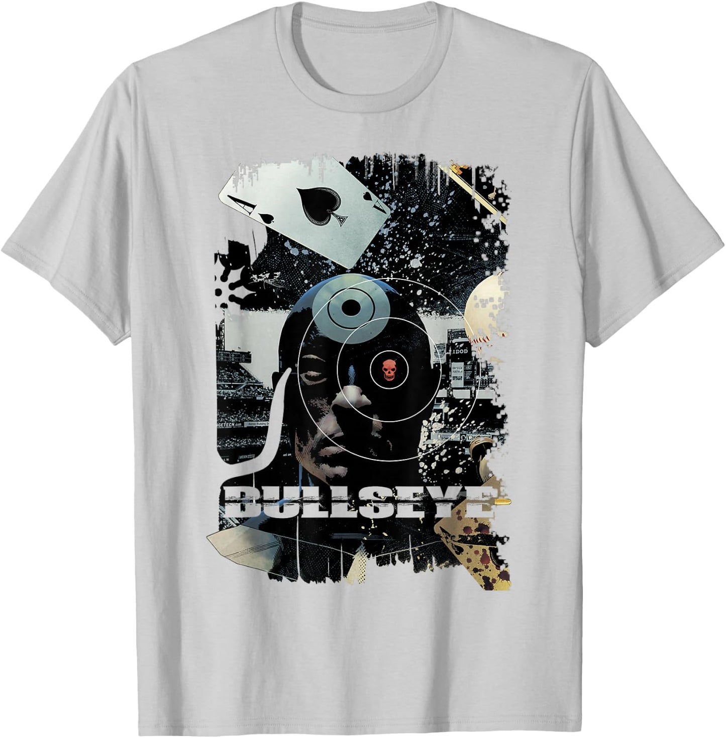 Marvel Bullseye Grunge Ace of Spades Mugshot Graphic T-Shirt - T-Shirt | Ash