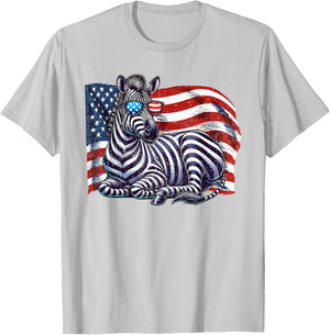 Vintage Zebra USA Flag Animals Lovers Patriotic Sunglasses T-Shirt - T-Shirt | Ash